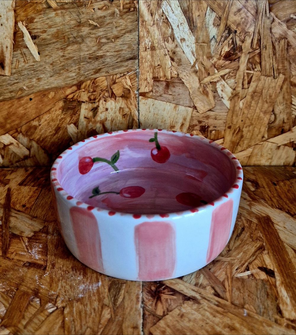 Bowl painted with cherries and pink stripes