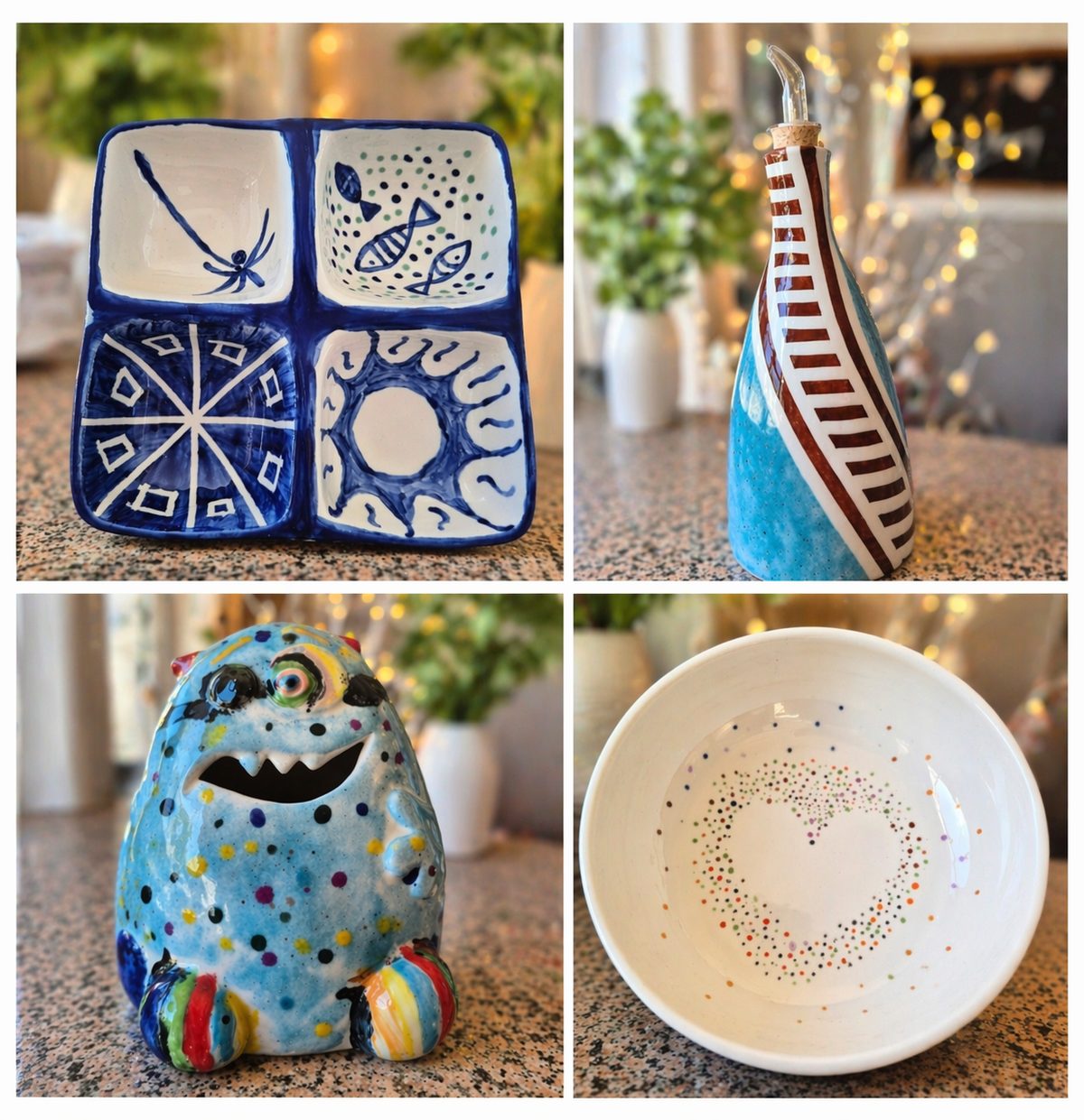 Hand-painted pottery pieces made at The Pottery Patch
