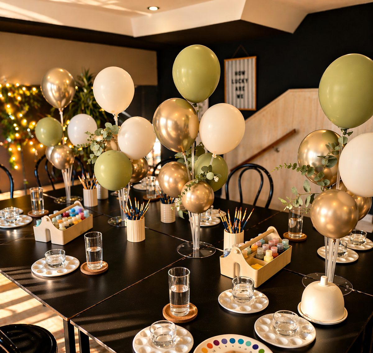 Party tables laid with paint palettes and green and gold balloon centrepieces